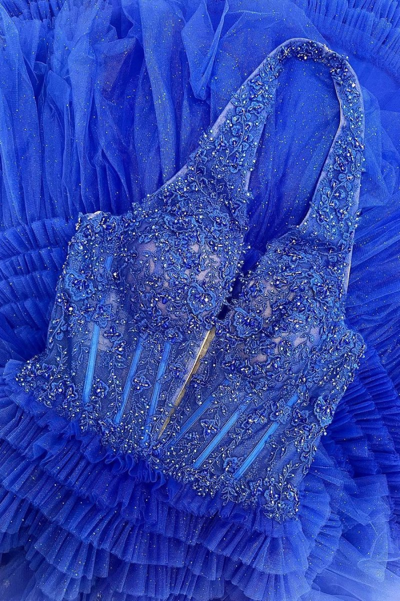 Morton|Red Tulle Appliques Halter Ruffle Tiered Ball Gown