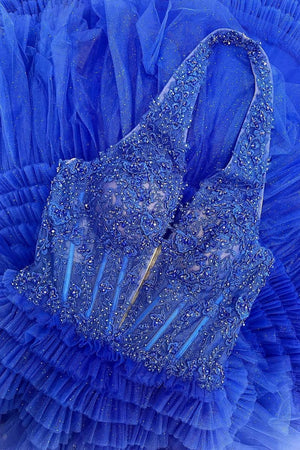 Morton|Red Tulle Appliques Halter Ruffle Tiered Ball Gown