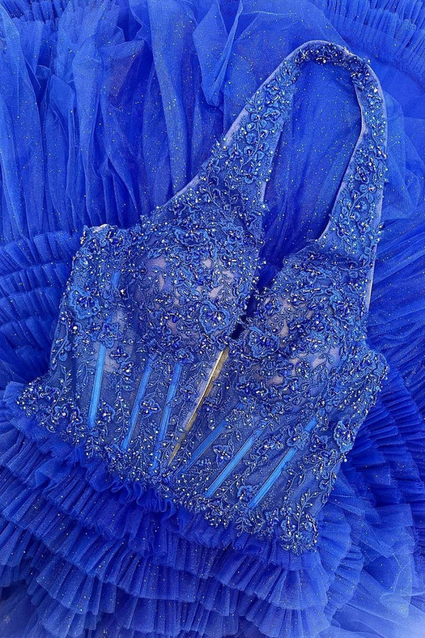 Morton|Red Tulle Appliques Halter Ruffle Tiered Ball Gown