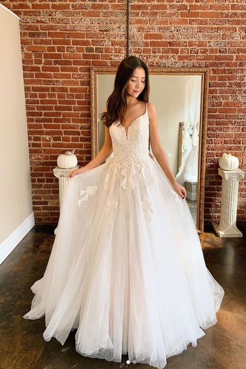 A-Line Tulle Spaghetti-Strap Lace Wedding Dress - Now On Sale! main image 1