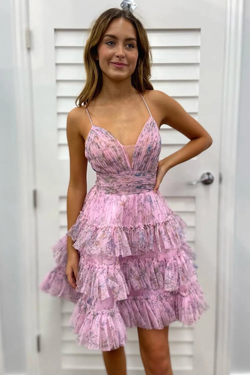 Tiered A-Line Strapless Floral Short Homecoming Dress main image 1