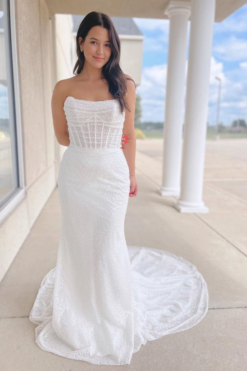 Shiny Mermaid Sequins Long White Prom Dresses V Neck Sleeveless Formal Dresses