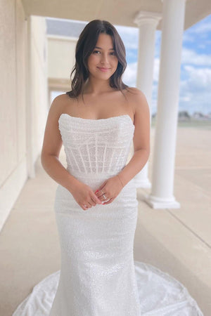 Sparkly White Sequins Mermaid Strapless Wedding Dresses
