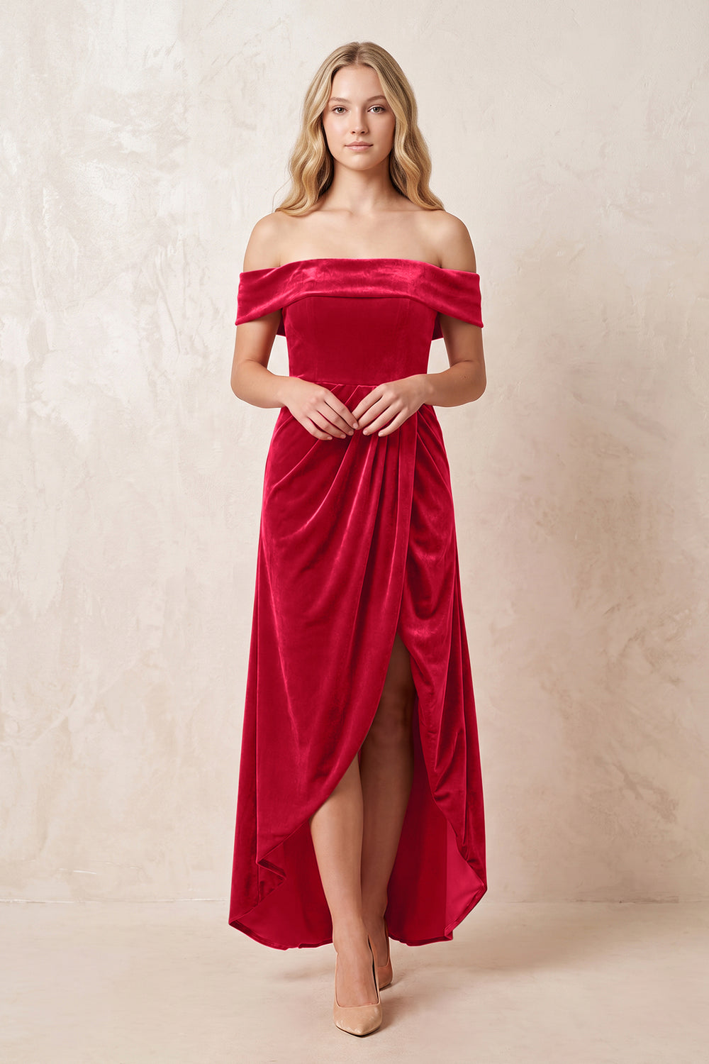 Spice Off-the-Shoulder Sheath Velvet Midi Bridesmaid Dress - KISSPROM
