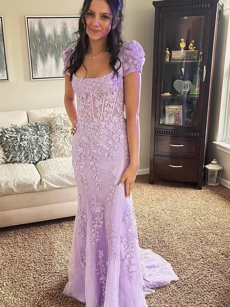 Champagne Appliques Square Neck Puff Sleeves Long Prom Dress, Lilac / 10