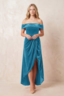 Steel Blue Off-the-Shoulder Sheath Velvet Midi Bridesmaid Dress - KISSPROM