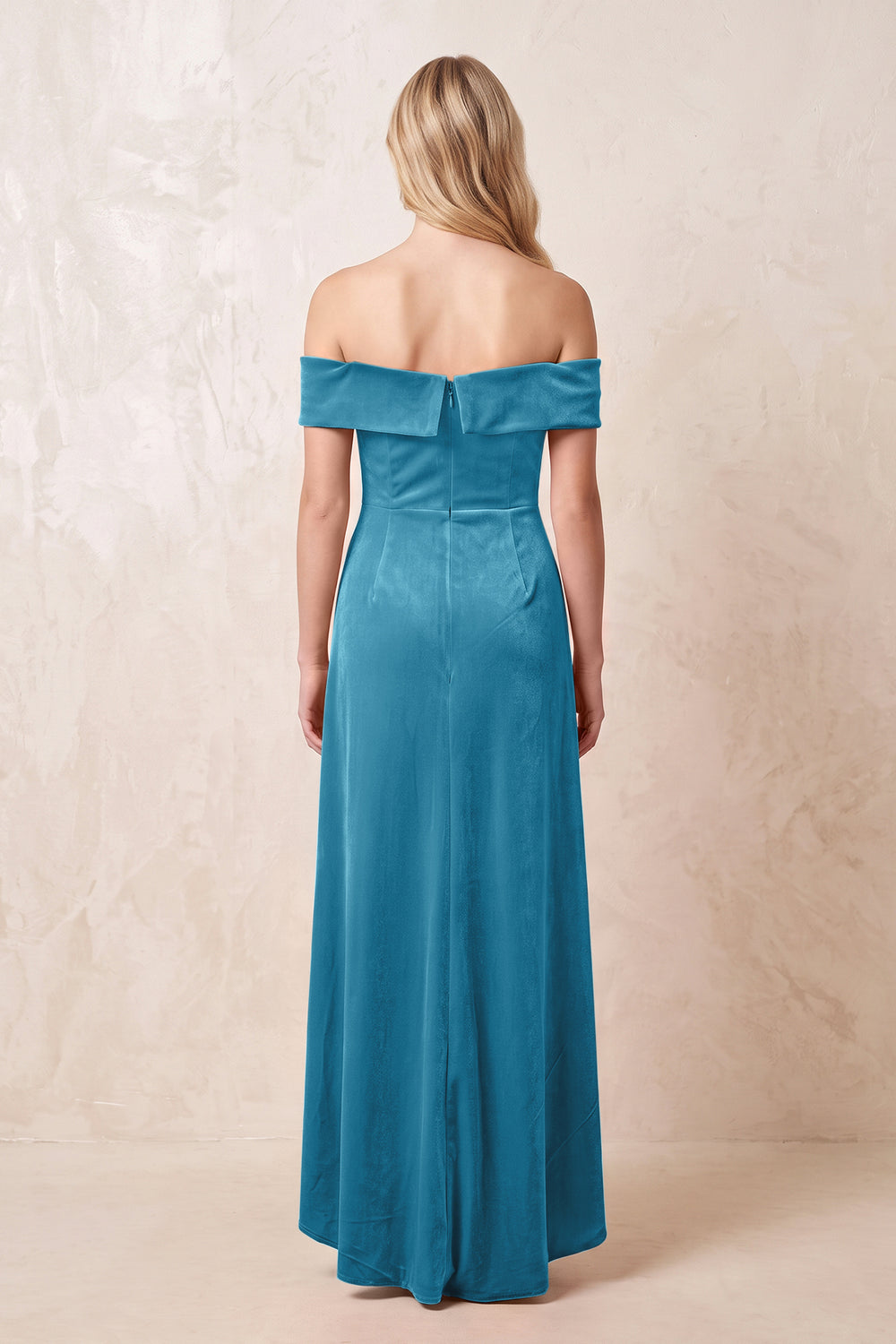 Steel Blue Off-the-Shoulder Sheath Velvet Midi Bridesmaid Dress - KISSPROM