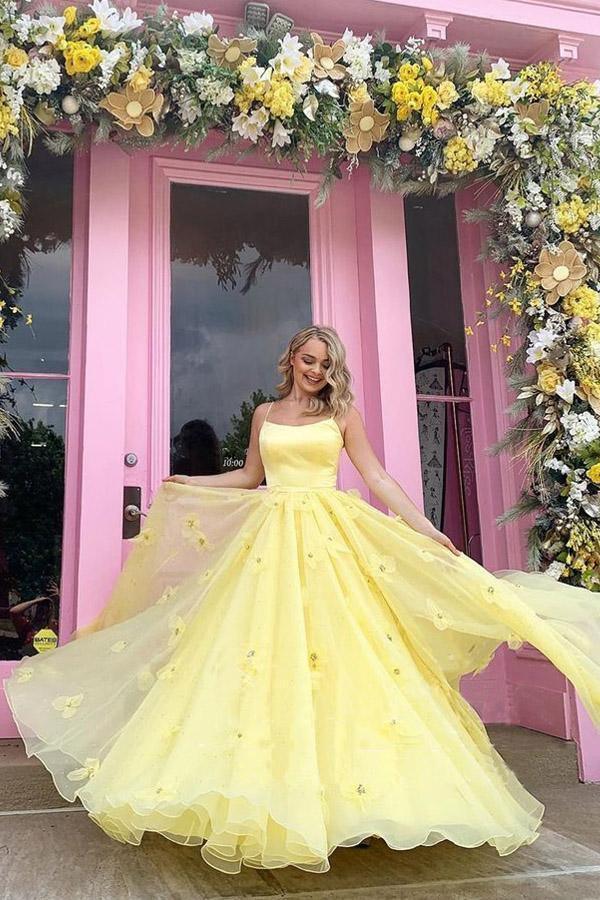 Imani | Straps Tulle Bodice 3D Flowers With Back Lace Up Yellow Prom Dress