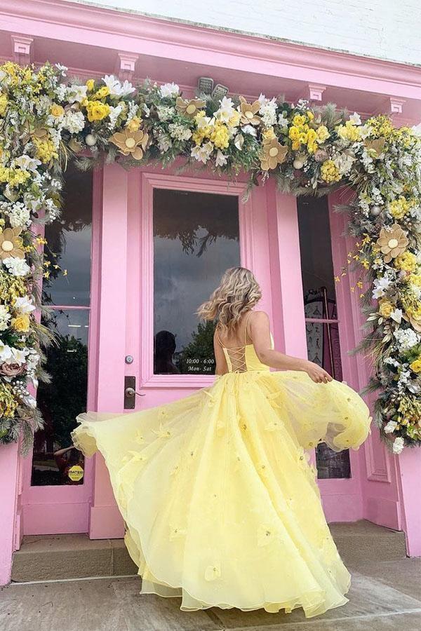 Imani | Straps Tulle Bodice 3D Flowers With Back Lace Up Yellow Prom Dress