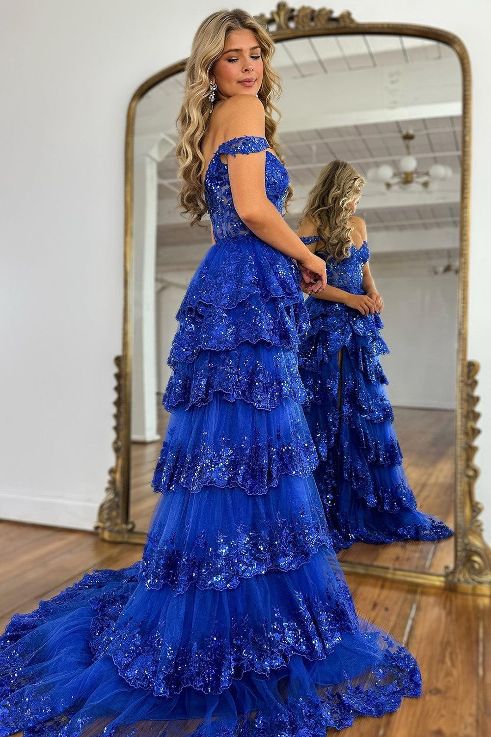 Blue Lace Open Back See Through Long Sleeve Evening Dress, Prom Dresse –  Musebridals