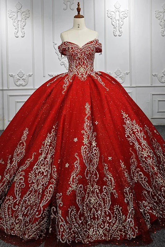 royal red quince dresses Princess Quinceanera Vestidos Gillter Off The Shoulder Corset vest formalgowns designed for the girl who wants a moment shell never forget Royal Red Quince Dress Red