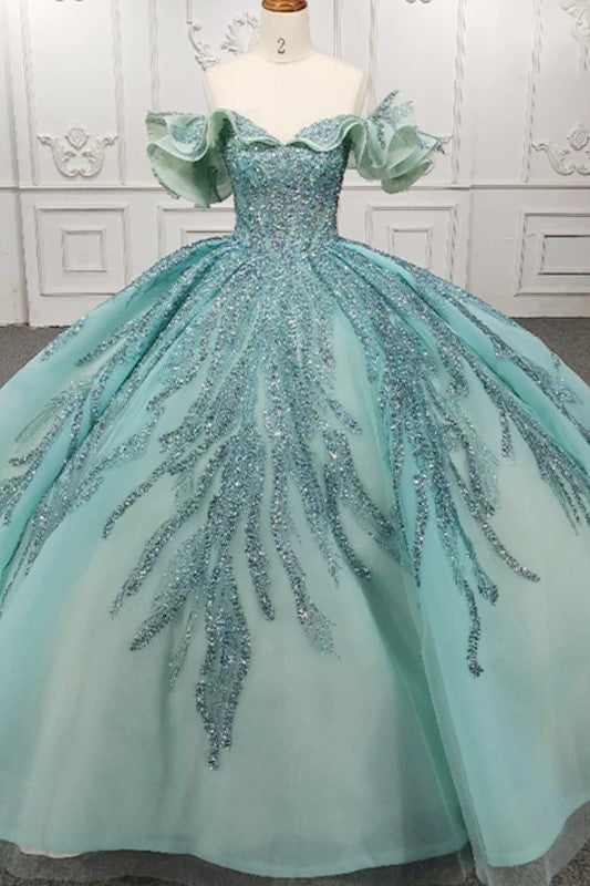 Stylish Off-the-shoulder Party Dresses Crystal Beading Ball Gown