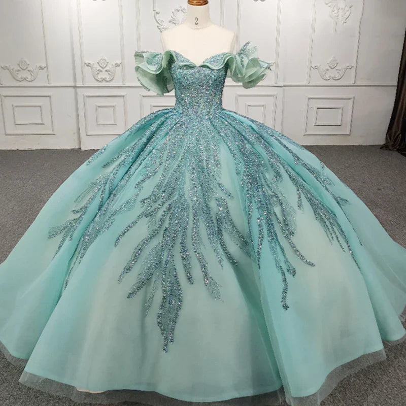 Stylish Off-the-shoulder Party Dresses Crystal Beading Ball Gown