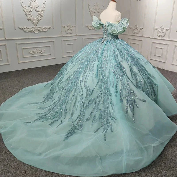 Quinceanera Dress Stylish Off - the - shoulder Party Dresses Crystal Beading Ball Gown - KissProm