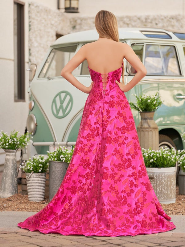 jacquard satin dress Stylish A Line Sweetheart Fuchsia Jacquard Satin Prom Dress Fuchsia / 00
