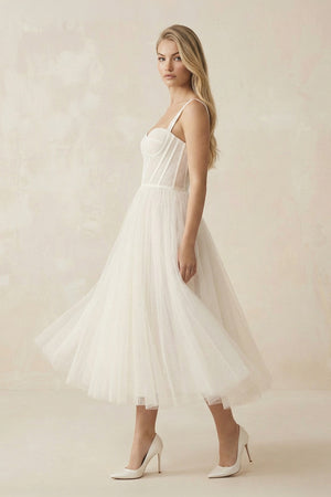 A-Line Sweetheart Sleeveless Tulle Tea-Length Wedding Dresses With Pleated – Wedding Dresses by KissProm | Available at KissProm