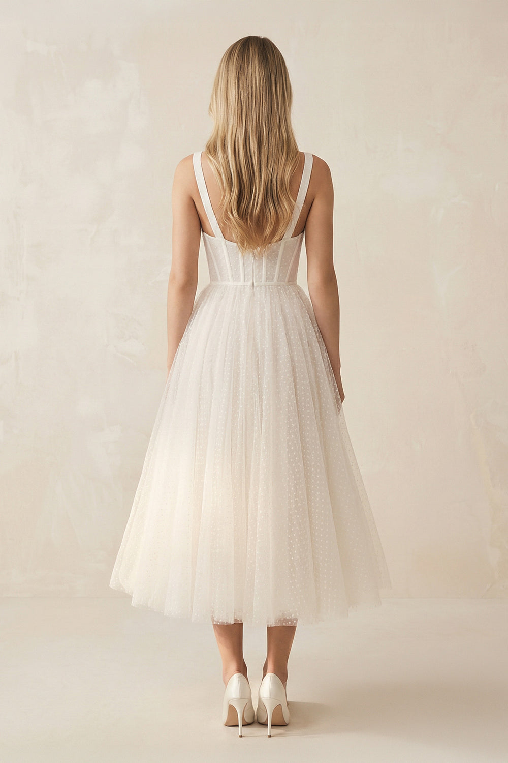 A-Line Sweetheart Sleeveless Tulle Tea-Length Wedding Dresses With Pleated – Wedding Dresses by KissProm | Available at KissProm