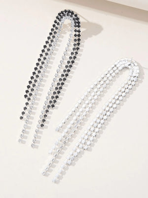 Tassel Silver Rhinestones Long Chain Earrings - KissProm