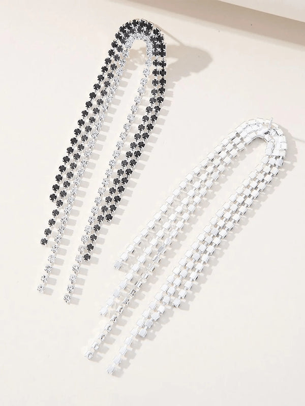 Tassel Silver Rhinestones Long Chain Earrings - KissProm