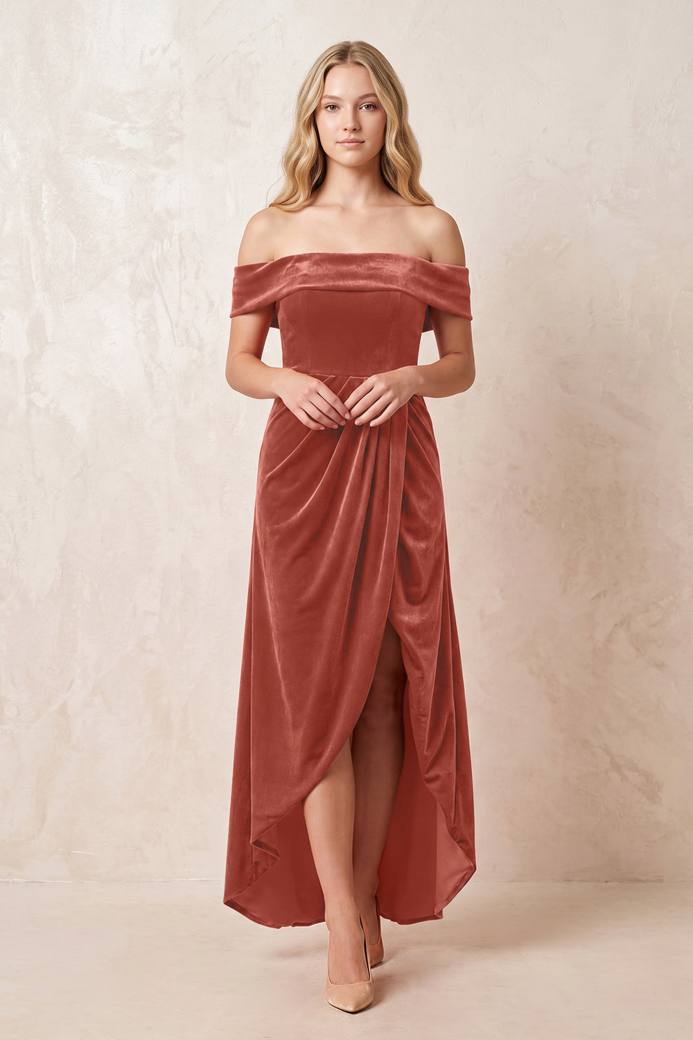 Terracotta Off-the-Shoulder Sheath Velvet Midi Bridesmaid Dress - KISSPROM