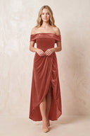 Terracotta Off-the-Shoulder Sheath Velvet Midi Bridesmaid Dress - KISSPROM