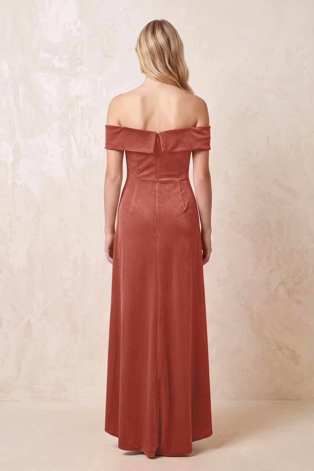 Terracotta Off-the-Shoulder Sheath Velvet Midi Bridesmaid Dress - KISSPROM