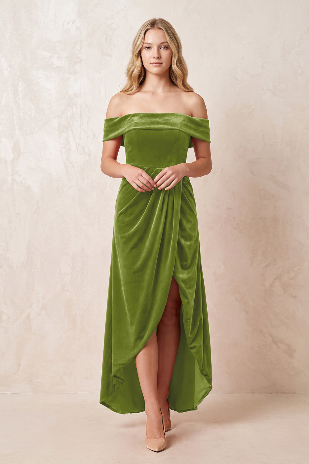 Thyme Off-the-Shoulder Sheath Velvet Midi Bridesmaid Dress - KISSPROM