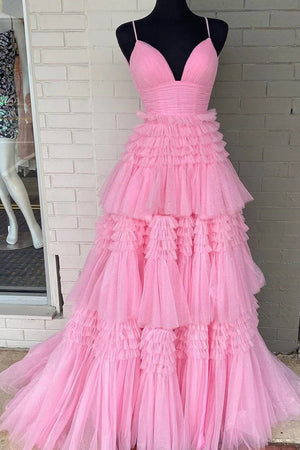 Amanda | Tulle Deep V Neck Spaghetti Straps Long Prom Dress