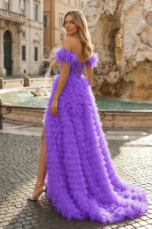 A Line Sweetheart Tiered Tulle Long Prom Dress With Slit - KISSPROM PROM DRESSES