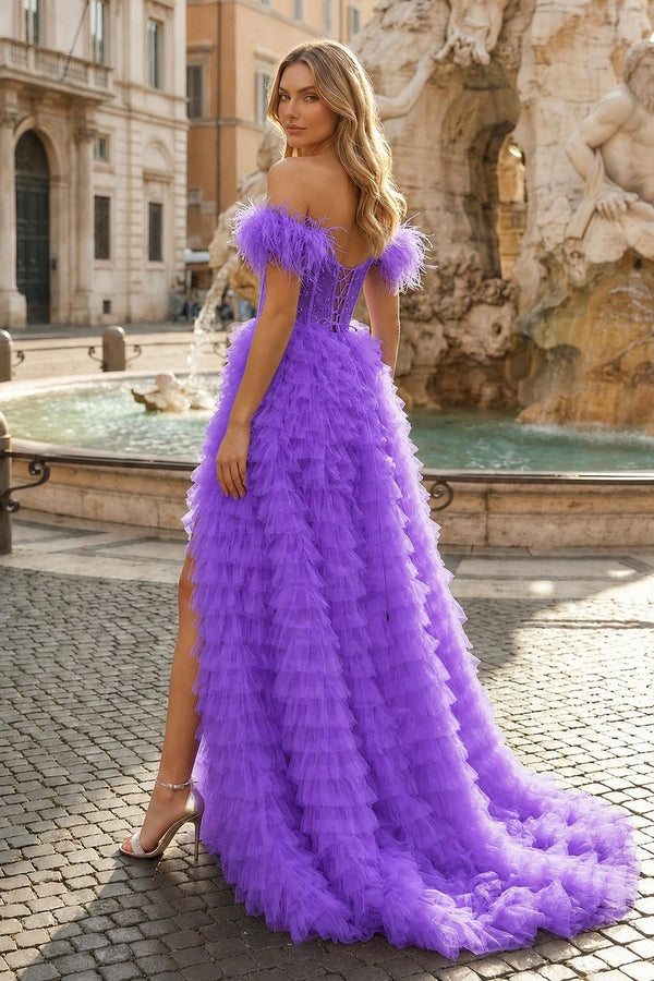 A Line Sweetheart Tiered Tulle Long Prom Dress With Slit - KISSPROM PROM DRESSES