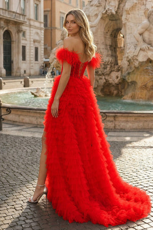 A Line Sweetheart Tiered Tulle Long Prom Dress With Slit - KISSPROM PROM DRESSES