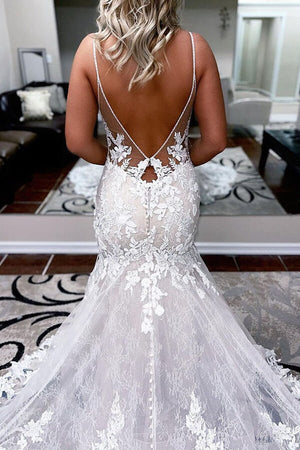 Ivory Lace Mermaid Backless Long Wedding Dress White-Nude / 18