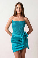 Turquoise Strapless Appliques Ruched Homecoming Dress with Bow - KISSPROM