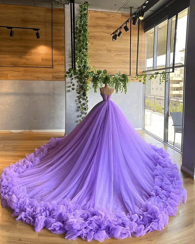 Purple A-line V Neck Tulle Ball Gown Purple Princess Dress