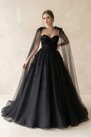 A-Line Black Gothic Wedding Dress 3D Flowers Tulle With Cape, Black / 14 A-Line Black Gothic Wedding Dress 3D Flowers Tulle With Cape, Black / 14