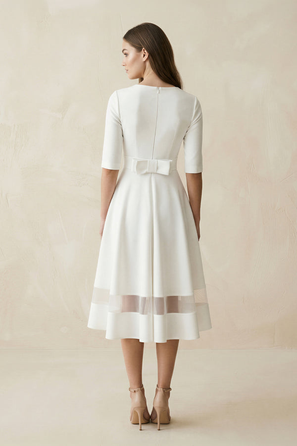 modern formal dresses Modern Satin V-neck A Line Tea-length Wedding Dress, Diamond White / 4