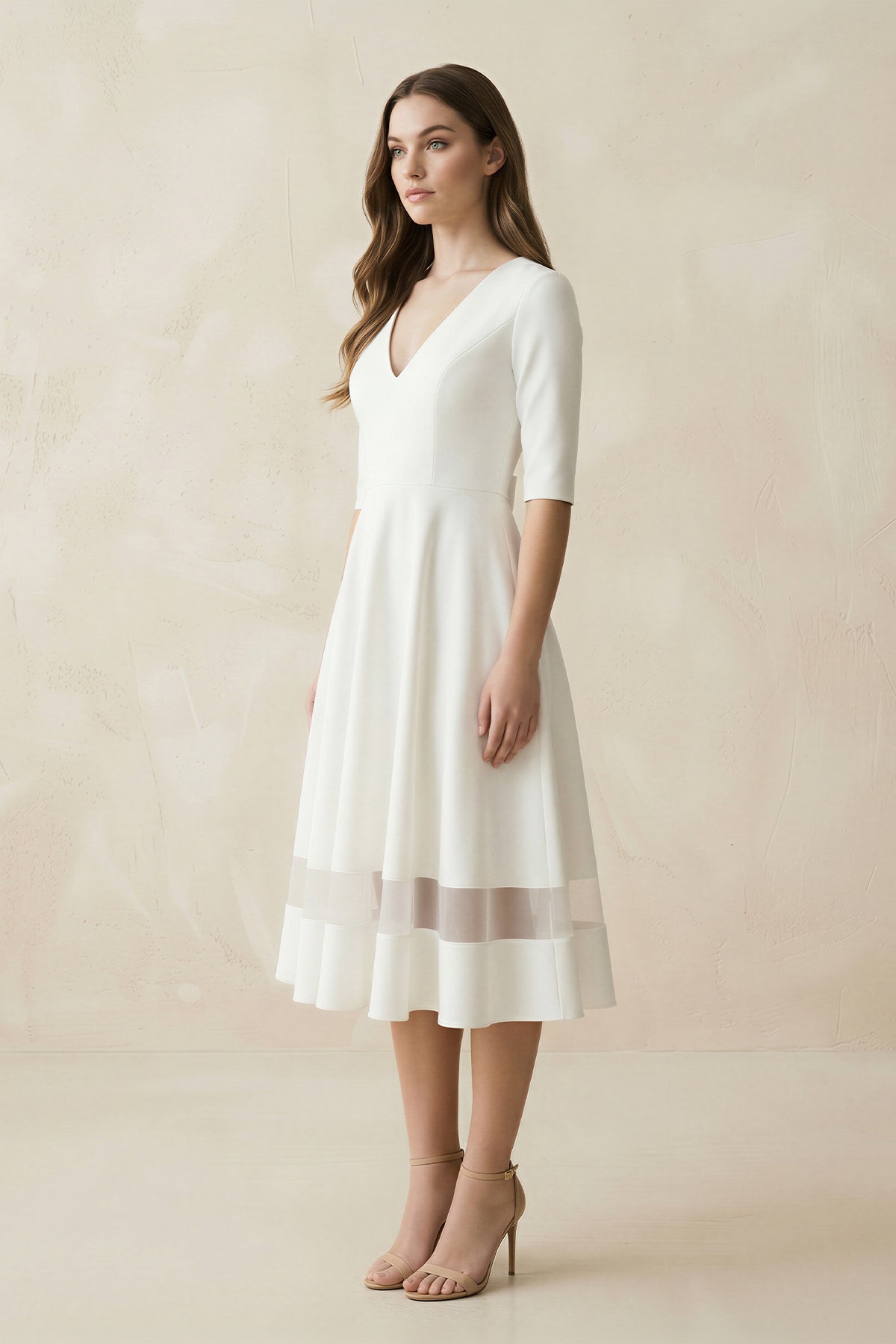 Modern Satin V-neck A Line Tea-length Wedding Dress Modern Satin V-neck A Line Tea-length Wedding Dress