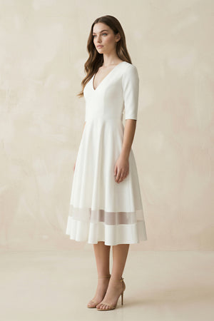 Modern Satin V-neck A Line Tea-length Wedding Dress – Wedding Dresses by KissProm | Available at KissProm