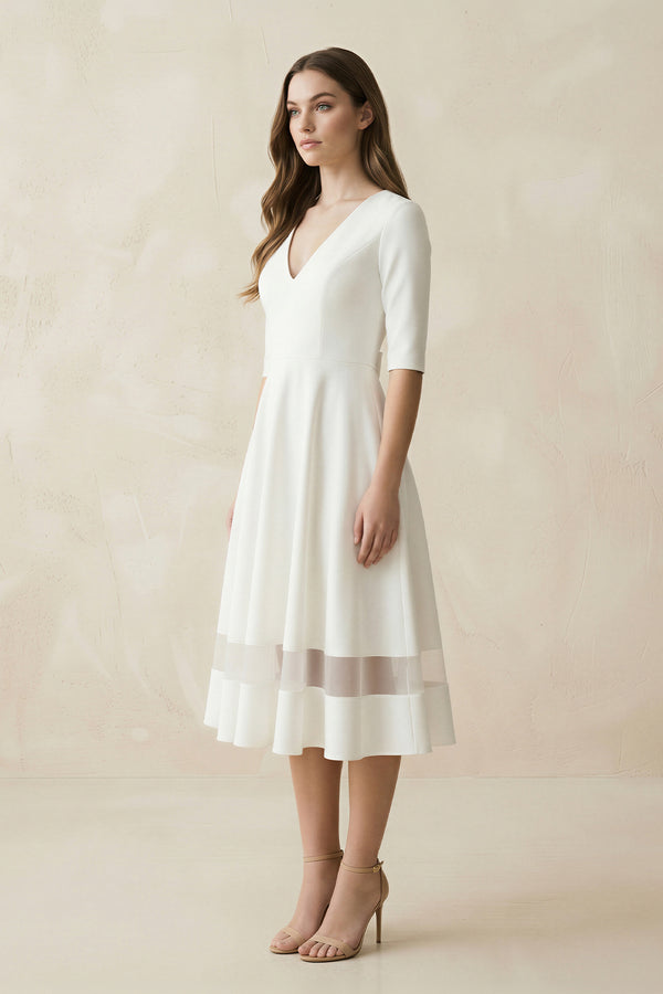 Modern Satin V-neck A Line Tea-length Wedding Dress – Wedding Dresses by KissProm | Available at KissProm