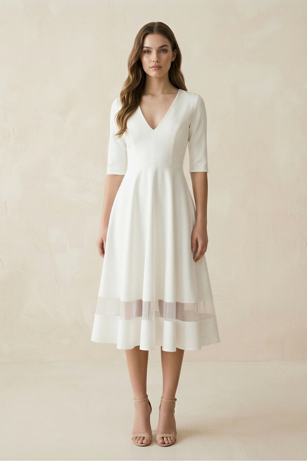 Modern Satin V-neck A Line Tea-length Wedding Dress – Wedding Dresses by KissProm | Available at KissProm