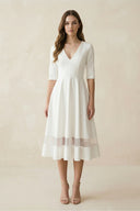 Modern Satin V-neck A Line Tea-length Wedding Dress – Wedding Dresses by KissProm | Available at KissProm