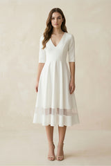 Modern Satin V-neck A Line Tea-length Wedding Dress – Wedding Dresses by KissProm | Available at KissProm