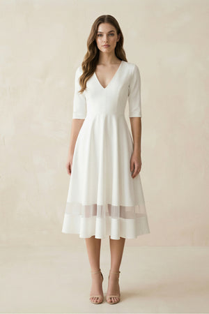 Modern Satin V-neck A Line Tea-length Wedding Dress – Wedding Dresses by KissProm | Available at KissProm