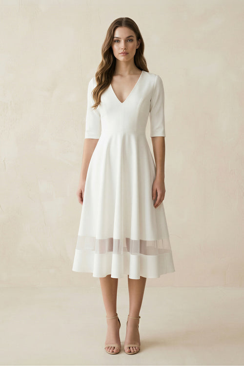 chiffon tea length straight neckline wedding dress Modern Satin V-neck A Line Tea-length Wedding Dress
