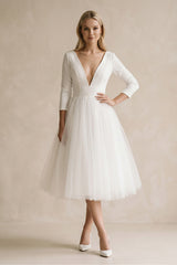 Vintage Short Casual Simple Long Sleeve A-line Tea-length Plunging Neckline Satin Wedding Dress