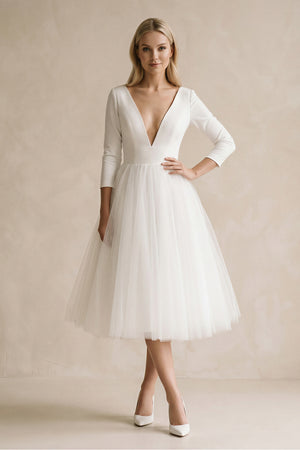 Vintage Short Casual Simple Long Sleeve A-line Tea-length Plunging Neckline Satin Wedding Dress, Diamond White / 6