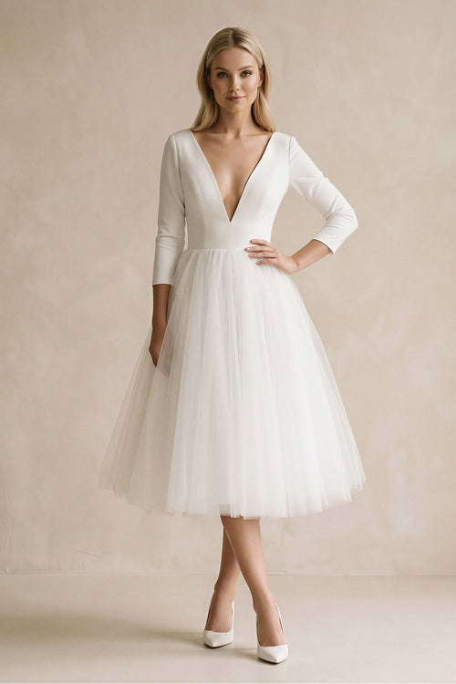 a line tea length dress Vintage Short Casual Simple Long Sleeve A-line Tea-length Plunging Nec