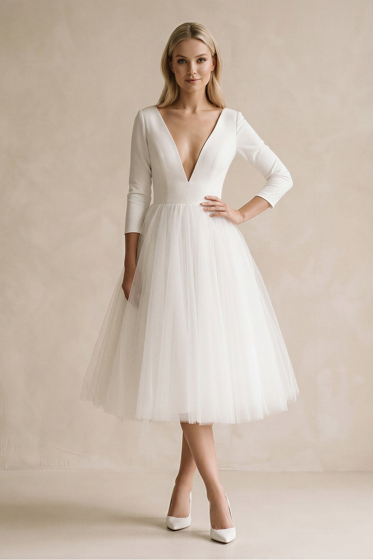 KissProm Vintage Short Casual Simple Long Sleeve A-line Tea-length Plunging Neckline Satin Wedding Dress, Diamond White / 6