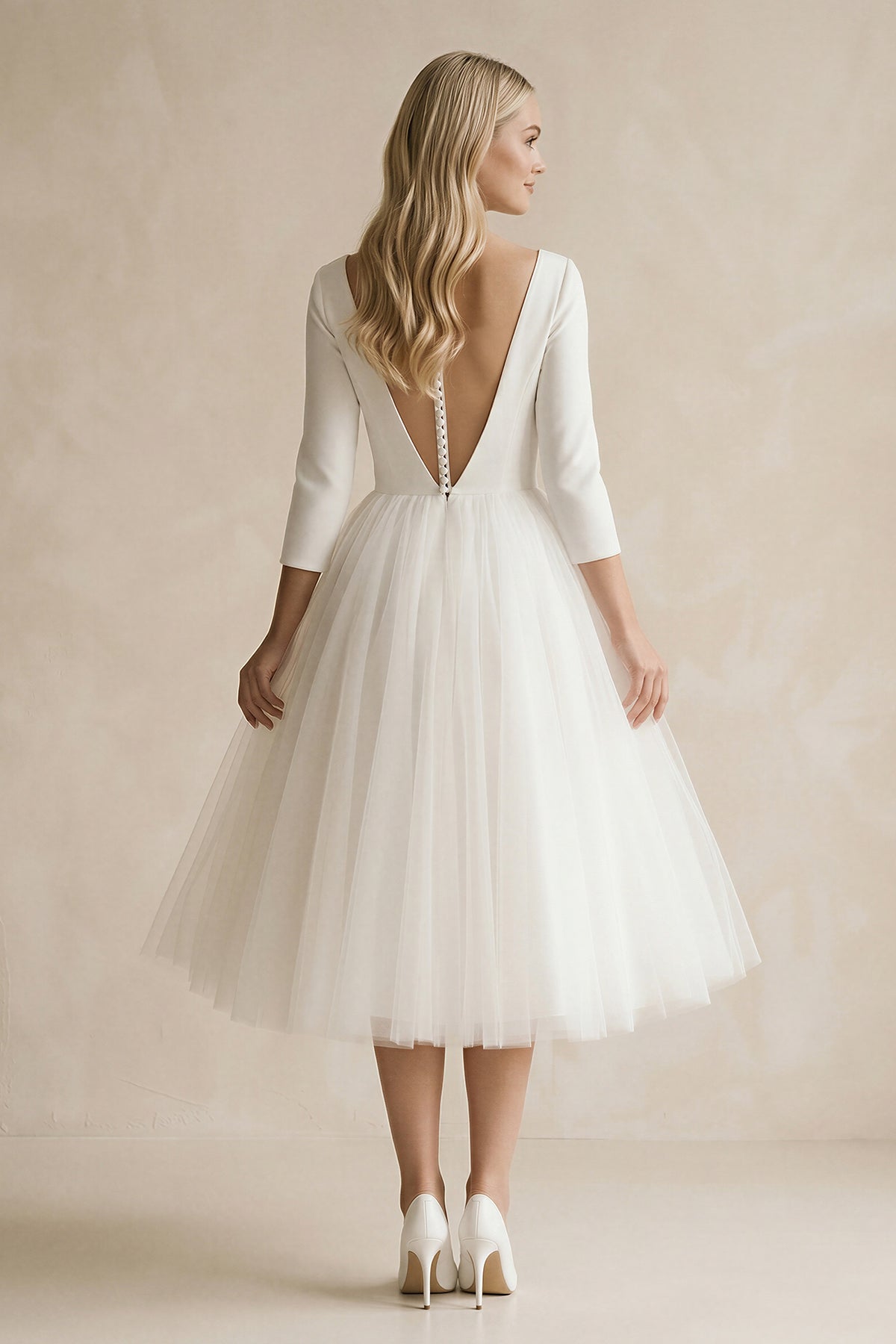 KissProm Vintage Short Casual Simple Long Sleeve A-line Tea-length Plunging Neckline Satin Wedding Dress, Diamond White / 6