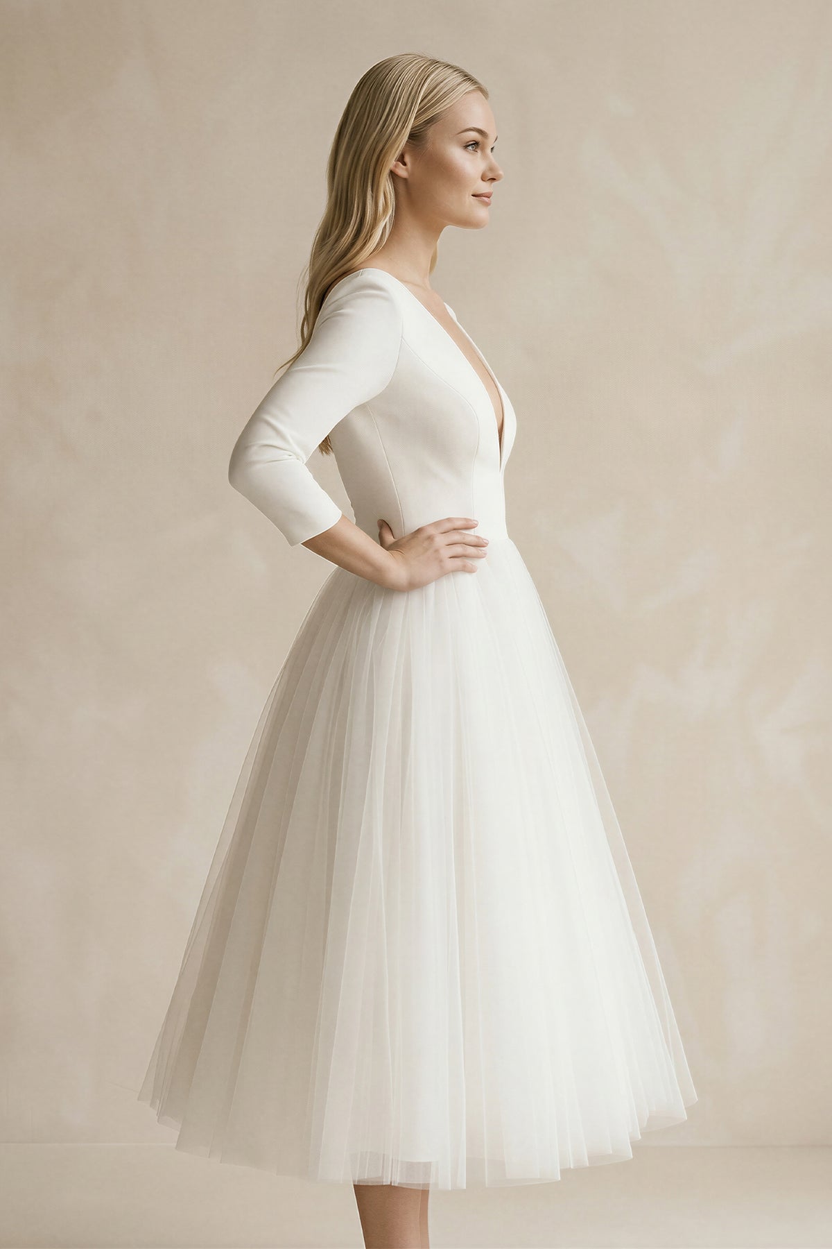 Vintage Short Casual Simple Long Sleeve A-line Tea-length Plunging Neckline Satin Wedding Dress, Diamond White / 6 Vintage Short Casual Simple Long Sleeve A-line Tea-length Plunging Neckline Satin Wedding Dress, Diamond White / 6